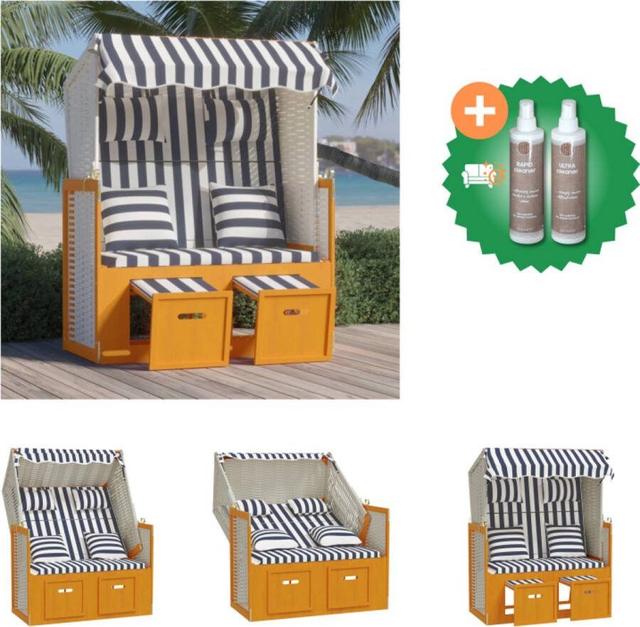 VidaXL Strandstoel Poly Rattan 115 x 55 x 133 151 156 cm Verstelbare Rugleuning Luifel Uitschuifbare Voetensteun Wit en Blauw Ligbed Inclusief Onderhoudsset