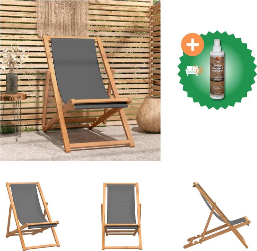 VidaXL Strandstoel Teakhout 56x105x96 cm Inklapbaar Grijs Tuinstoel Inclusief Houtreiniger en verfrisser