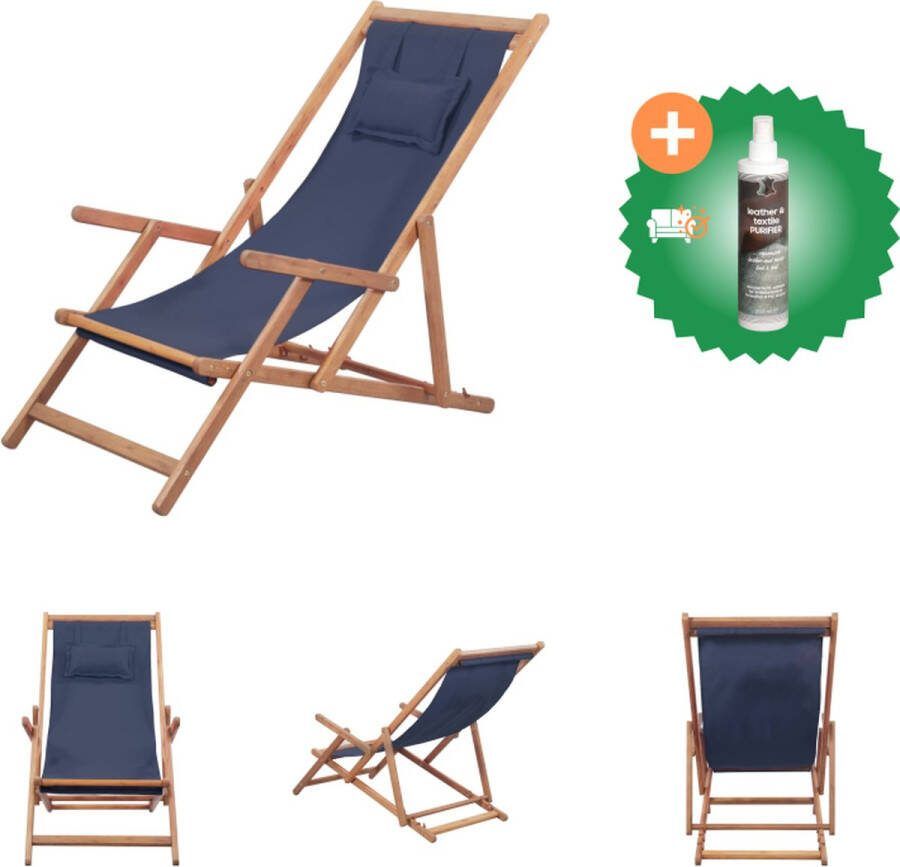 VidaXL Strandstoel Verstelbaar Houten frame Weerbestendige zitting Blauw 60x112 119 127 cm Incl kussen Tuinstoel Inclusief Reiniger