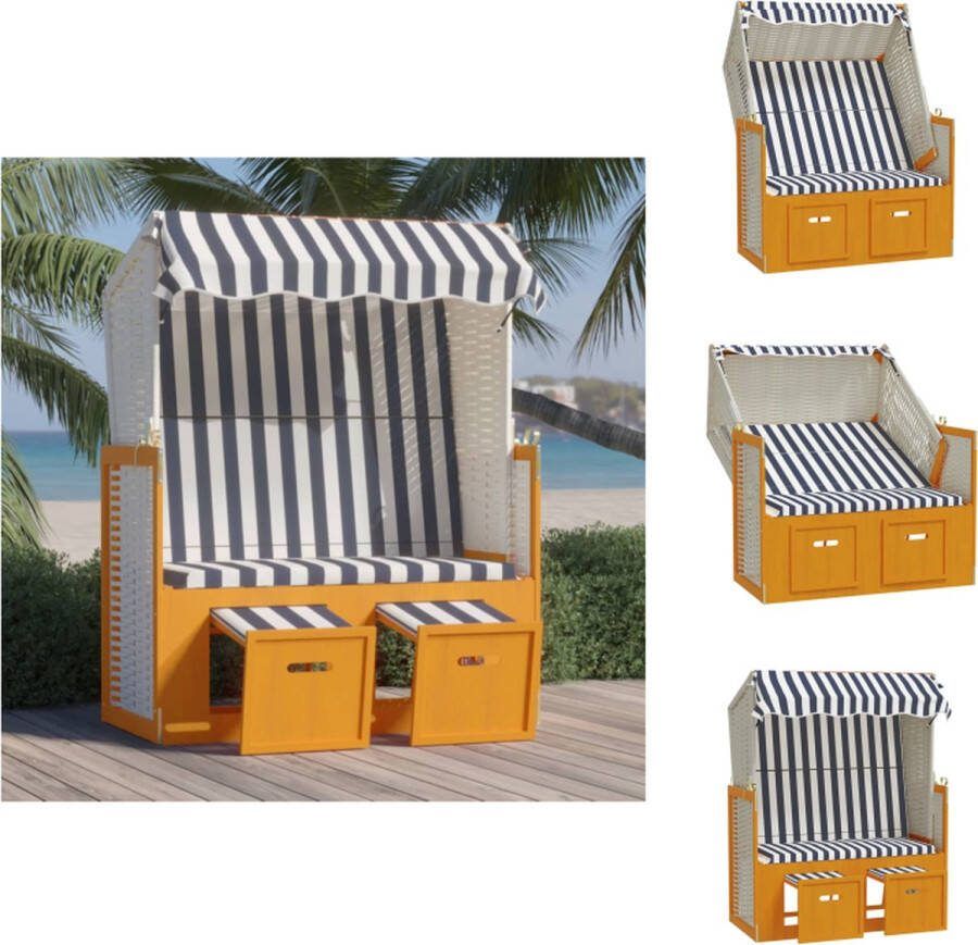 VidaXL Strandstoel Verstelbare rugleuning Uitschuifbare voetensteun Met luifel 115x55x133 151 156 cm Houtkleur- lichthout Kleur- wit en blauw Materiaal- poly rattan stof vurenhout Montage vereist Ligbed