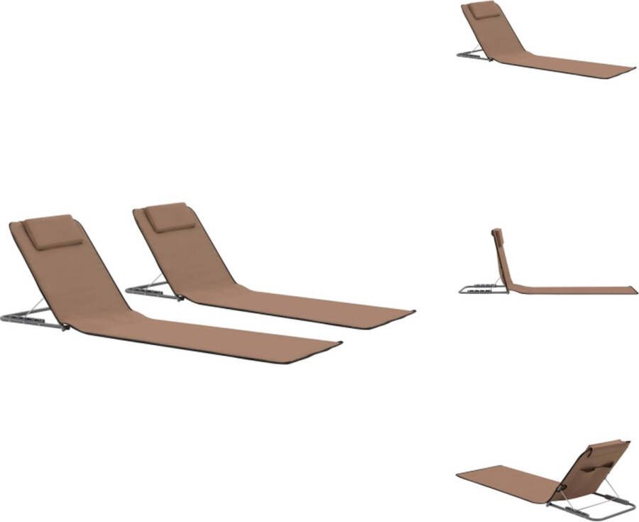 VidaXL Strandstoelen Opvouwbare strandmatten Set van 2 Bruin Gepoedercoat staal en stoffen bekleding 160 x 53 x 47 cm Inclusief hoofdsteun en opbergvak Ligbed