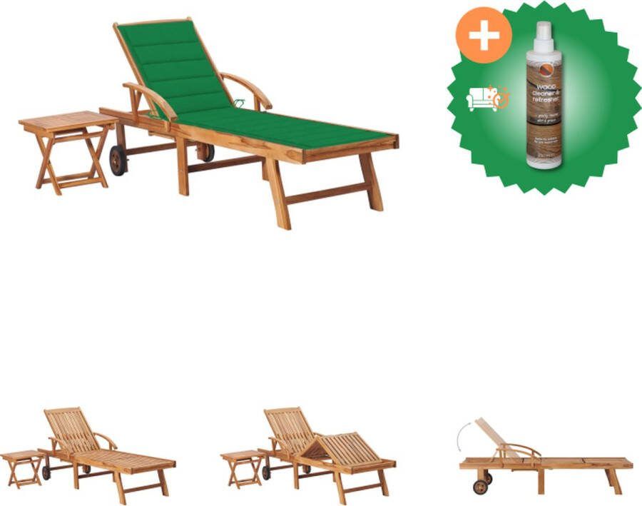 VidaXL Teakhouten Ligbed 195 x 59.5 cm Verstelbare Rugleuning Bijzettafel Groen Kussen Ligbed Inclusief Houtreiniger en verfrisser
