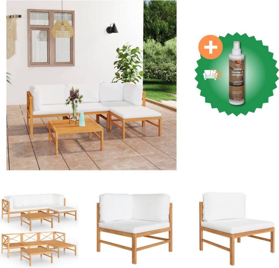 VidaXL Teakhouten Tuinset Hoekbank en Middenbank Tafel en Voetenbank Crème Kussens Afmetingen- 66x66x60cm 63x66x60cm 63x63x30cm 62.5x62.5x30cm Inclusief 4 zitkussens en 5 rugkussens Tuinset Inclusief Houtreiniger en verfrisser