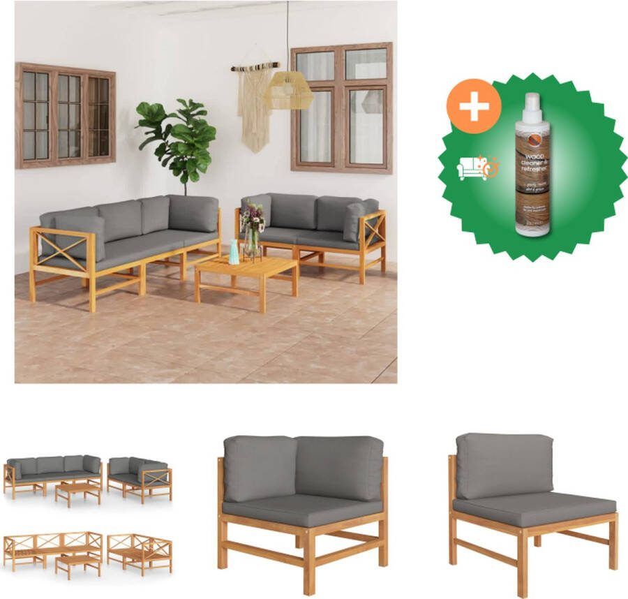 VidaXL Teakhouten Tuinset Hoekbank Middenbank Tafel Grijs Kussen Afmetingen- 66x66x60cm 63x66x60cm 63x63x30cm 5cm dik zitkussen 15cm dik rugkussen Montage vereist Tuinset Inclusief Houtreiniger en verfrisser