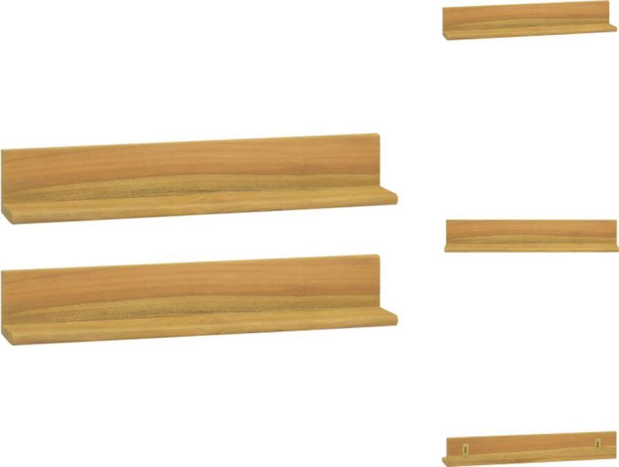 VidaXL Teakhouten Wandplanken Set van 2 60 x 10 x 10 cm Natuurlijke afwerking Wandsteun