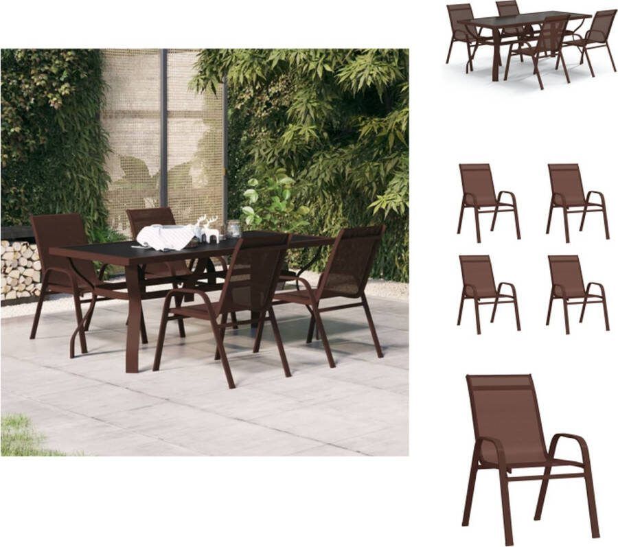 VidaXL Terrastafel en stoelen Bruin Staal en glas 180x80x70 cm Stapelbaar Tuinset