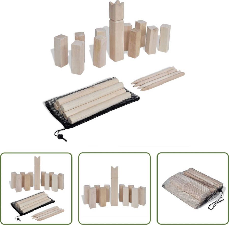 VidaXL The Living Store Kubbset Houten buitenspel Grenenhout Geschikt voor alle leeftijden 21-delige set Draagtas Geschikt voor gras zand en ijs Afmetingen- Koning kubb 5.3x5.3x31cm Kubb 4.5x4.5x15cm Werpstok 3.2x31cm Hoekstok 1.7x30cm