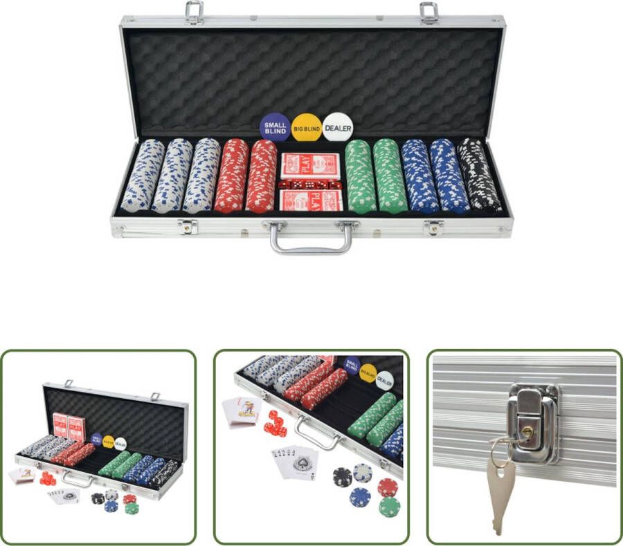 VidaXL The Living Store Pokerset Casino dobbelstenen kaartendecks buttons en 500 chips 55.5 x 20.5 x 6.7 cm