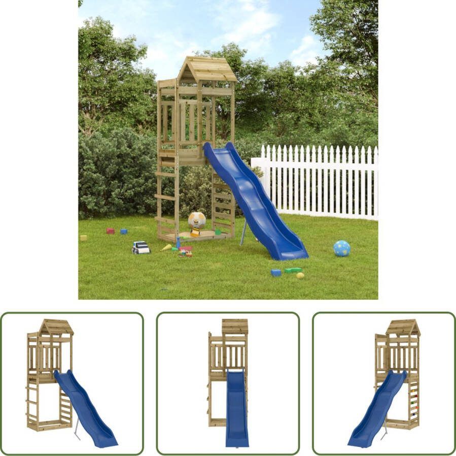 VidaXL The Living Store Speeltoren Grenenhouten speelset 237 x 90 x 239 cm Geïmpregneerd hout Inclusief golvende glijbaan Geschikt voor 3-8 jaar Max 45 kg