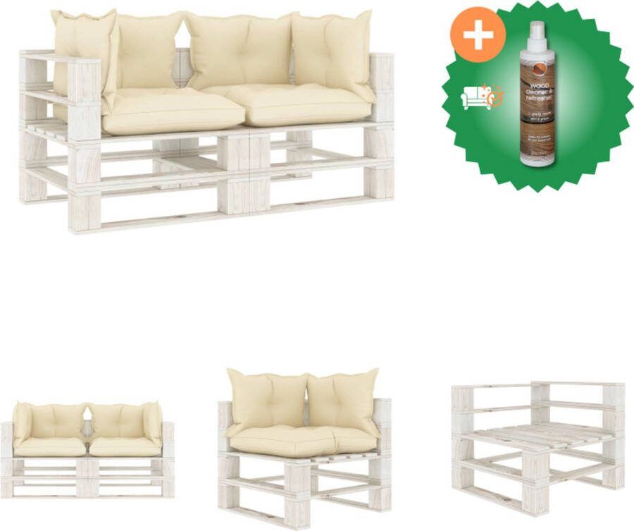 VidaXL Pallet Bank Terrasbank Grenenhout 140 x 67.5 x 60.8 cm Crème Wit Inclusief kussens Loungebank Inclusief Houtreiniger en verfrisser