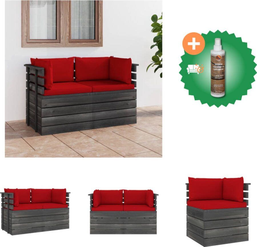 VidaXL Hoekbank Pallet 65x65x71.5 cm Massief grenenhout Rood kussen Polyester stof Tuinset Inclusief Houtreiniger en verfrisser
