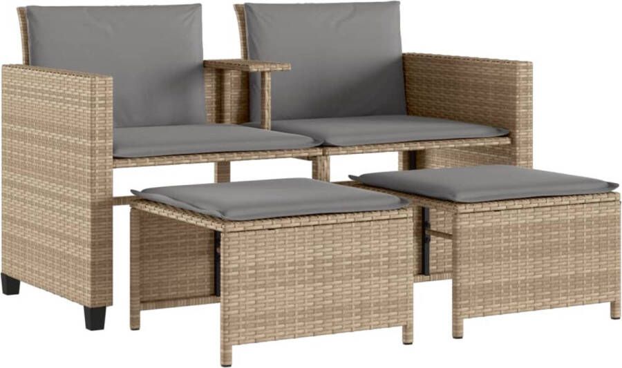 VidaXL Tuinbank 2-zits met tafel en voetenbanken poly rattan beige