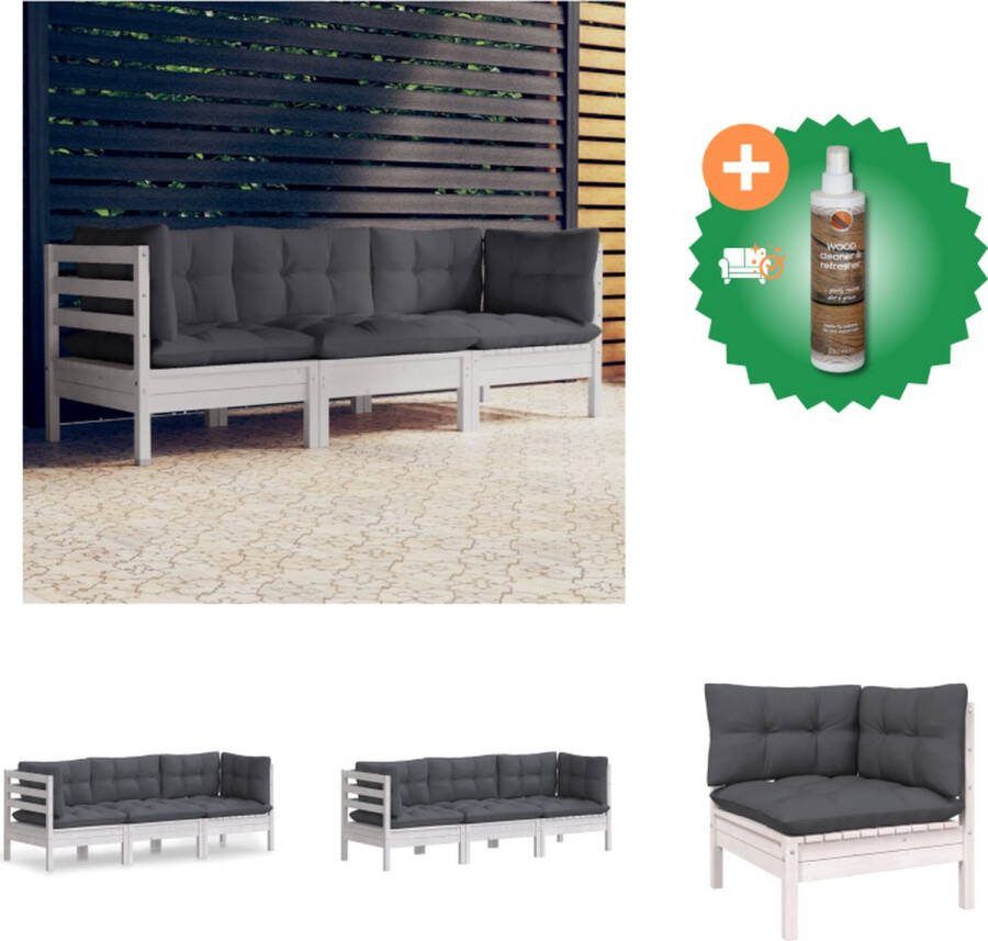 VidaXL Tuinbank Terrasbank 3 zits Massief grenenhout Wit Antraciet kussen Loungebank Inclusief Houtreiniger en verfrisser