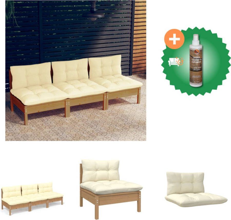 VidaXL Terrasbank Massief grenenhout 63.5 x 63.5 x 62.5 cm Honingbruin Crème kussen Loungebank Inclusief Houtreiniger en verfrisser