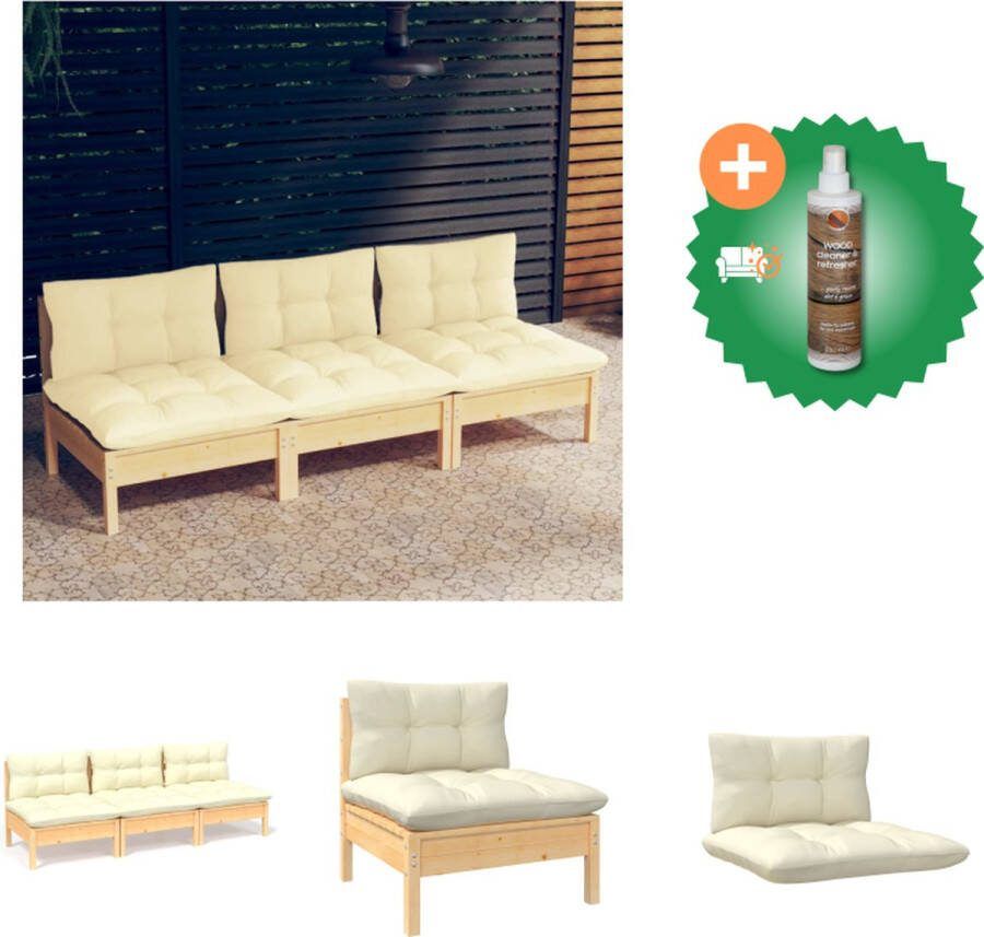 VidaXL 3 zitsbank massief grenenhout 63.5 x 63.5 x 62.5 cm Crème kussen Loungebank Inclusief Houtreiniger en verfrisser