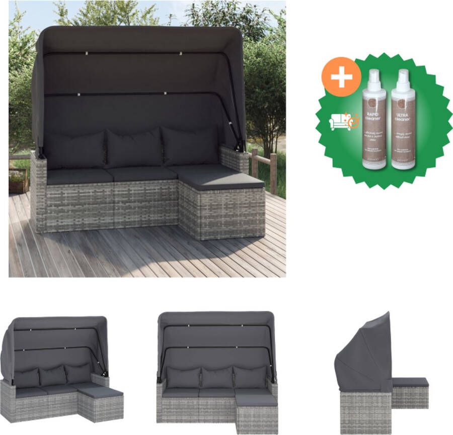 VidaXL Tuinbank 3 zits met dak en voetenbank poly rattan grijs Loungebank Inclusief Onderhoudsset