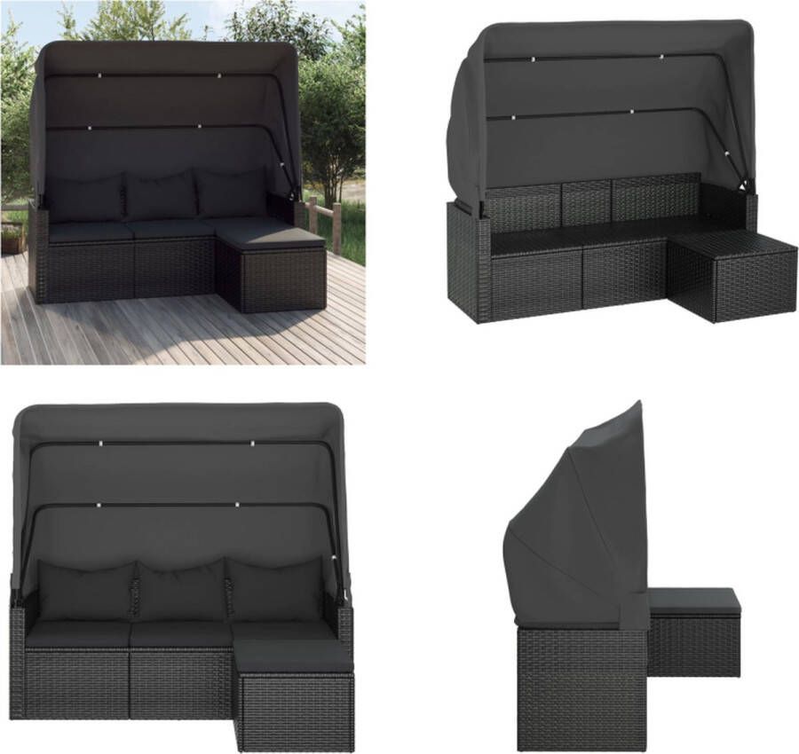VidaXL Tuinbank 3-zits met dak en voetenbank poly rattan zwart Tuinbank Tuinbanken Loungebank Tuin Bank