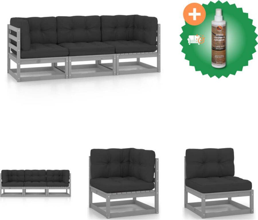 VidaXL Tuinbank Grenenhout 3 zit Grijs Inclusief kussens Loungebank Inclusief Houtreiniger en verfrisser