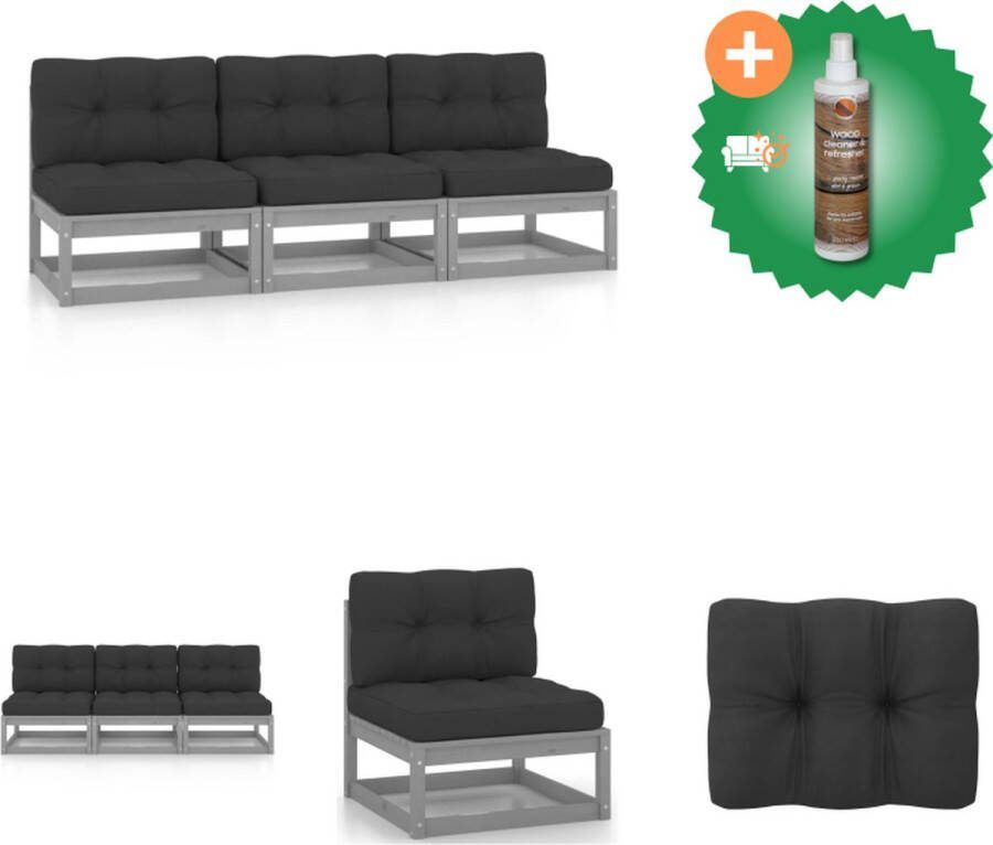 VidaXL Bank Garden 3 seaters 70x70x67 cm Grey Solid Pine Wood Includes Cushions Loungebank Inclusief Houtreiniger en verfrisser
