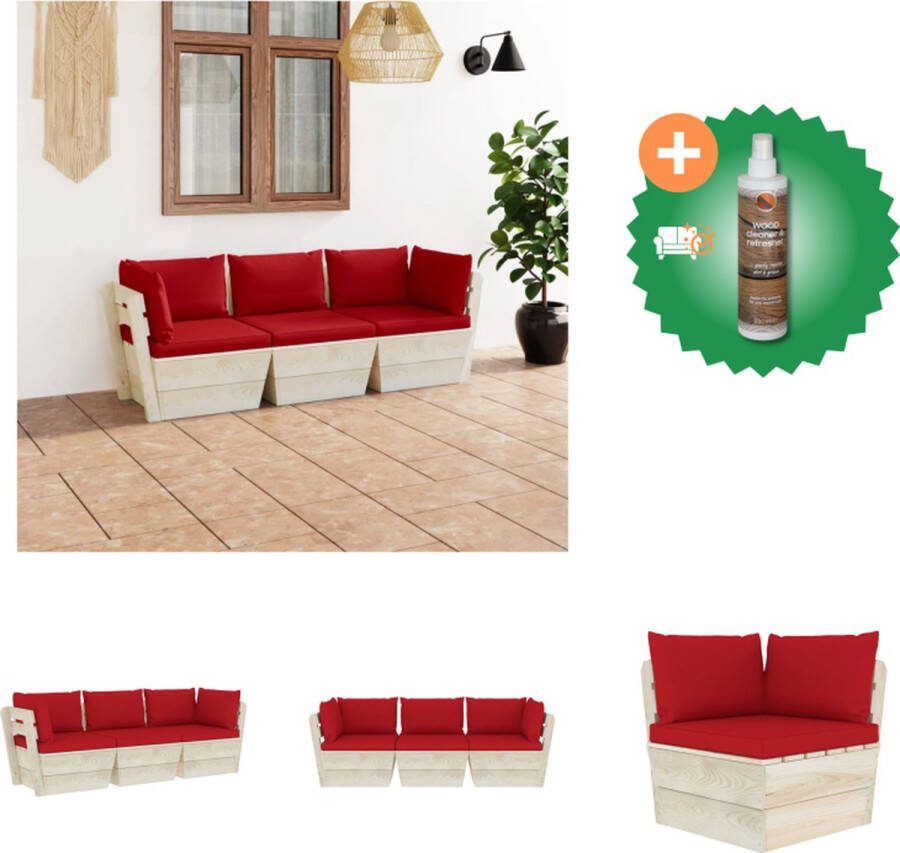 VidaXL Pallet Bank Hoekbank en Middenbank Rood Kussen Geïmpregneerd Vurenhout 60x60x65cm Tuinset Inclusief Houtreiniger en verfrisser