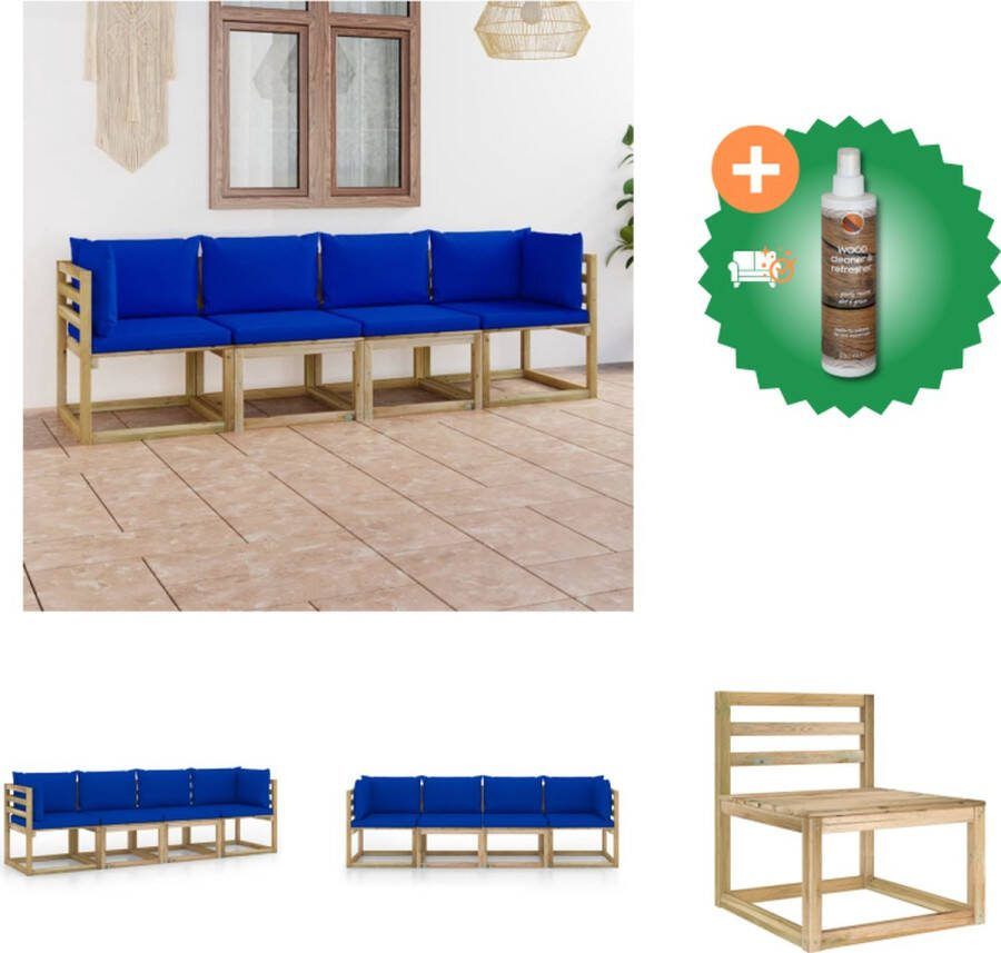 VidaXL Hoekbank Grenenhout Groen Geïmpregneerd 64x64x70 cm Blauwe Kussens Tuinset Inclusief Houtreiniger en verfrisser