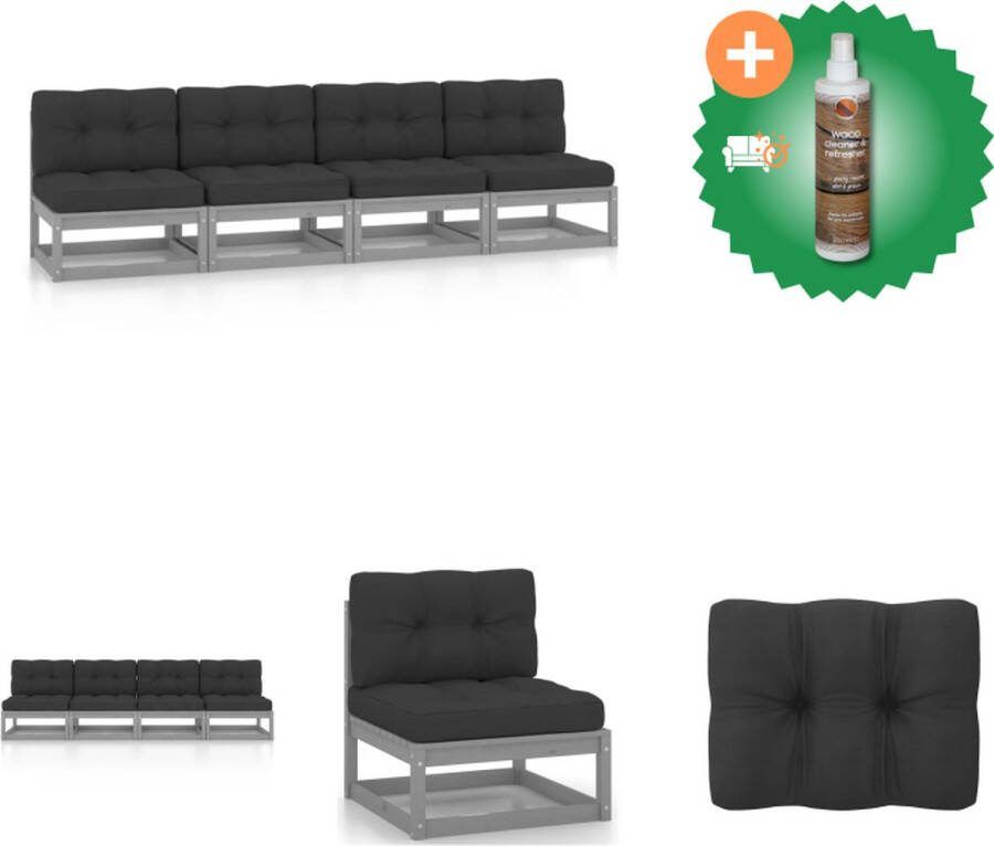 VidaXL Tuinbank Massief grenenhout 4 zit Grijs Antraciet kussen Loungebank Inclusief Houtreiniger en verfrisser