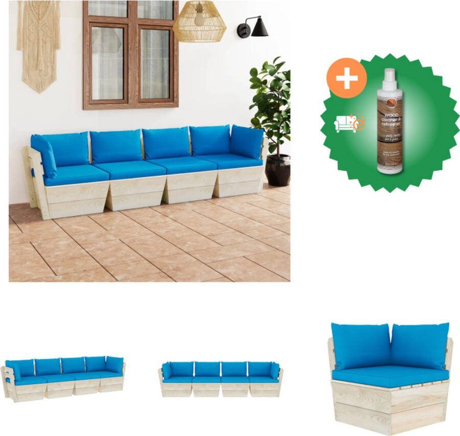 VidaXL Palletbank Vurenhout 60 x 60 x 65 cm Lichtblauwe kussens Tuinset Inclusief Houtreiniger en verfrisser