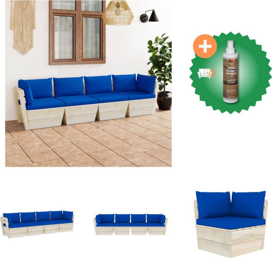 VidaXL Palletbank Vierzitsbank Geïmpregneerd vurenhout Blauw kussen Tuinset Inclusief Houtreiniger en verfrisser