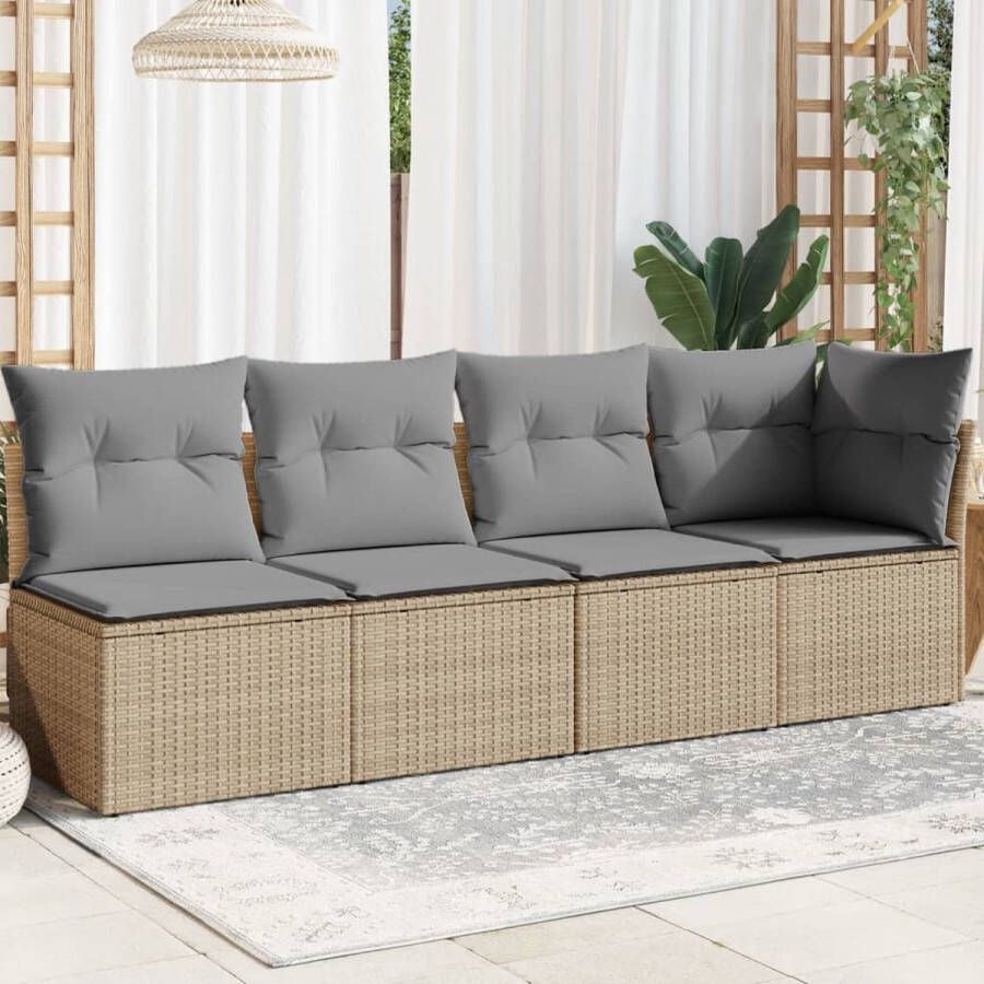VidaXL Tuinbank 4-zits met kussens poly rattan beige