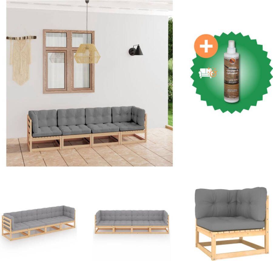 VidaXL Tuinbank Houten 4 zits 70x70x67 cm Grijs kussen Loungebank Inclusief Houtreiniger en verfrisser