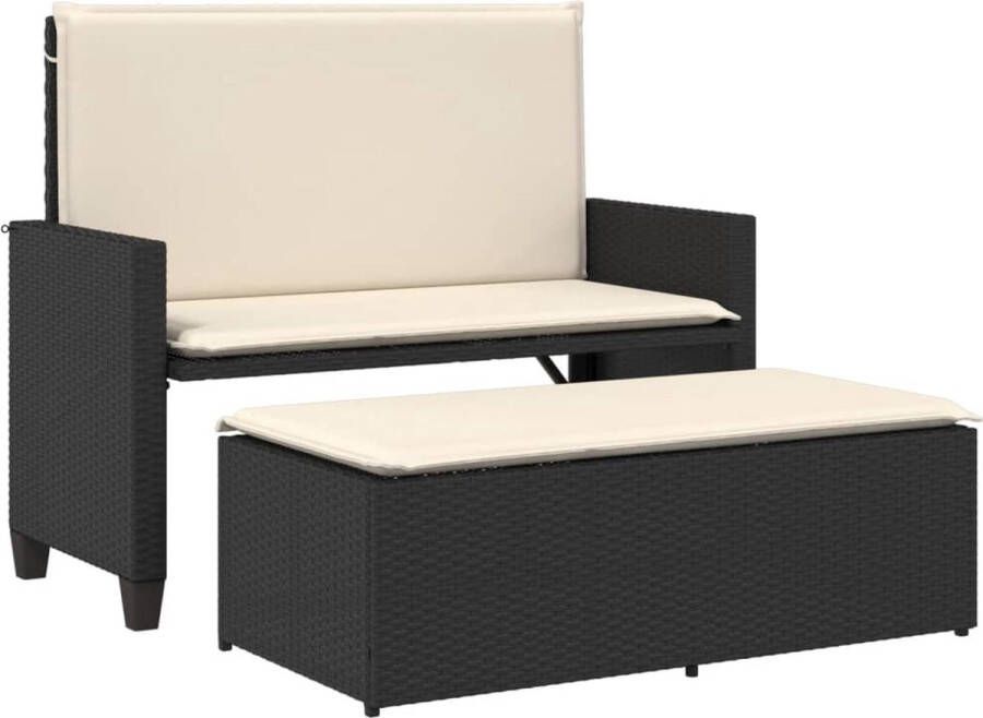 VidaXL Tuinbank met kussens en voetenbank poly rattan zwart