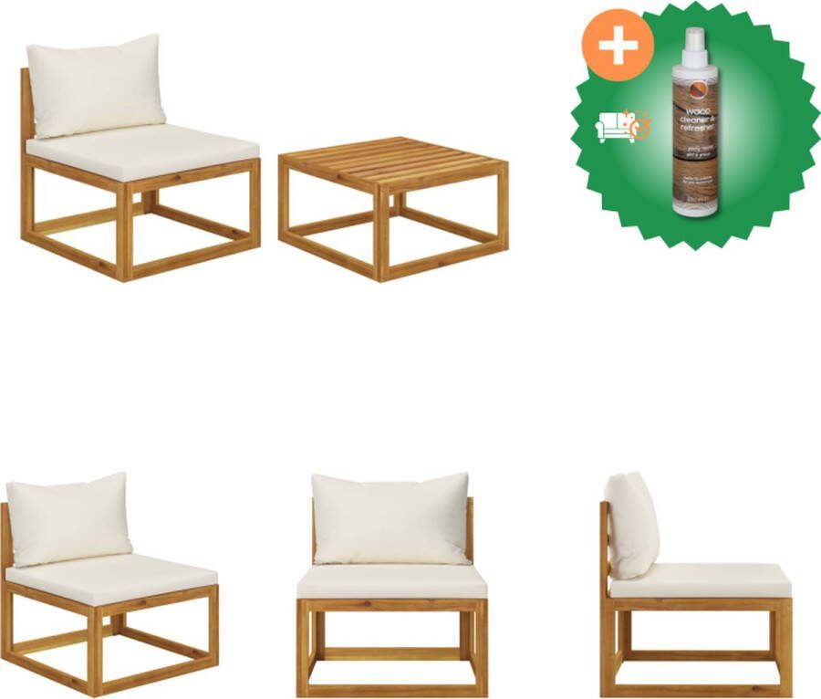 VidaXL Tuinbankenset Acacia Middenbank 68x70x60cm Salontafel 68x68x29cm Crèmewit kussen Montage vereist Tuinbank Inclusief Houtreiniger en verfrisser