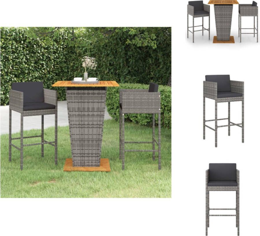 VidaXL Tuinbarset Grijs PE-rattan 80x80x110cm Met kussens Bartafel met 2 barkrukken Tuinset