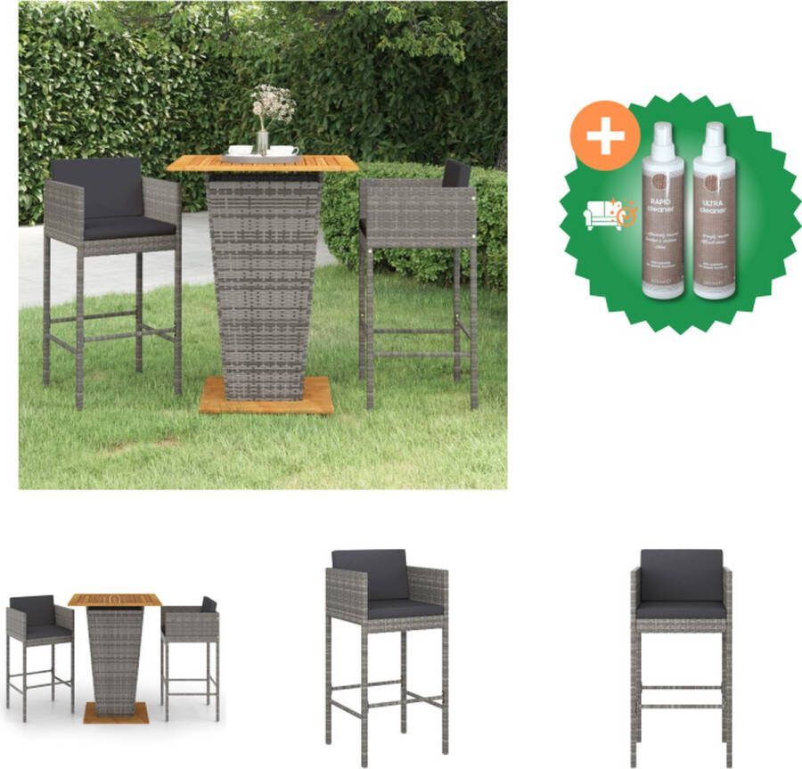 VidaXL Tuinbarset Grijs PE-rattan 80x80x110cm Met kussens Bartafel met 2 barkrukken Tuinset Inclusief Onderhoudsset