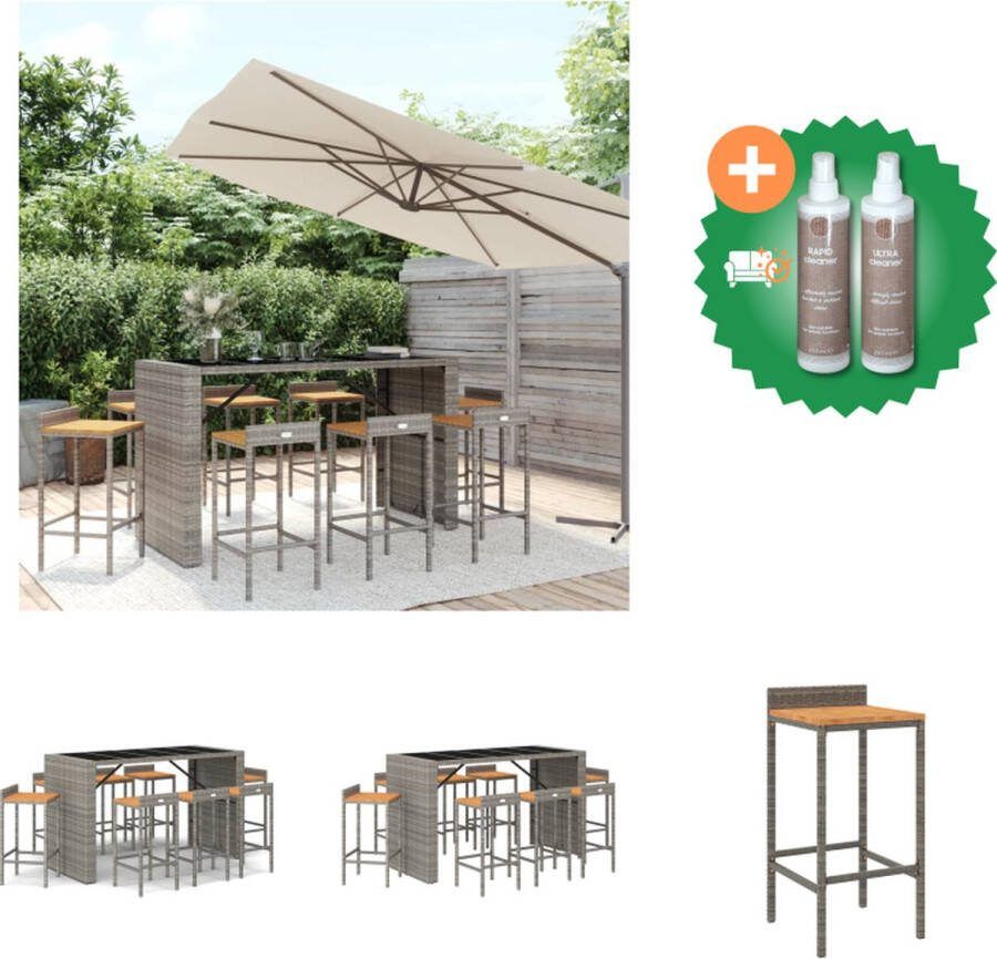 VidaXL Tuinbarset Grijs PE-rattan Gehard glas 185x80x110cm 8 barkrukken Weerbestendig materiaal Comfortabele zitplaats Stevig en stabiel frame Inclusief handleiding Tuinset Inclusief Onderhoudsset