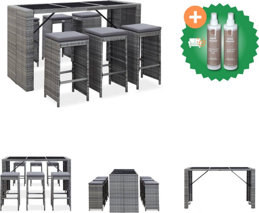 VidaXL Tuinbarset Poly Rattan Grijs 185x80x110 cm Weerbestendig PE-rattan Gepoedercoat stalen frame Comfortabele zitkussens Tuinset Inclusief Onderhoudsset