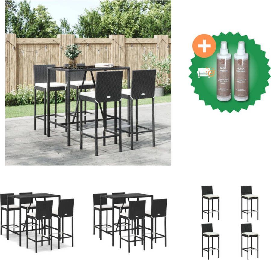 VidaXL Tuinbarset Trendy Barset Afmeting- 110x70x110 cm Kleur- Zwart Materiaal- PE-rattan gepoedercoat staal gehard glas Comfortabel zitkussen Inclusief bartafel 4 barkrukken en 4 zitkussens Tuinset Inclusief Onderhoudsset