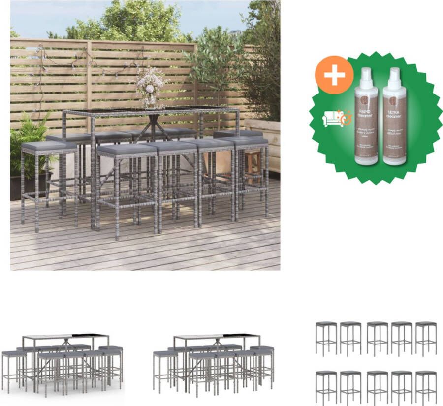 VidaXL Tuinbarset Tuinmeubelen Afmetingen- 180 x 70 x 110 cm Ken- Weerbestendig PE-rattan Kleur- Grijs Materiaal- PE-rattan gepoedercoat staal gehard glas Inclusief 10 barkrukken en kussens Tuinset Inclusief Onderhoudsset