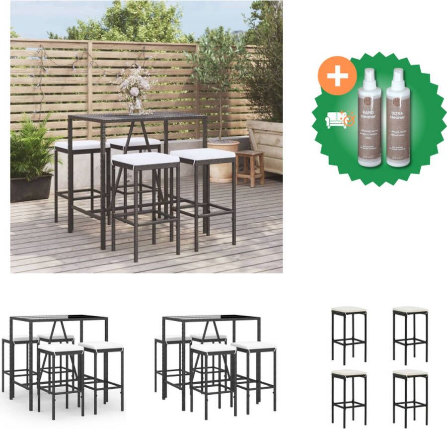 VidaXL tuinbarset zwart PE-rattan bartafel 110x70x110cm gehard glas 4 barkrukken crèmewitte kussens Tuinset Inclusief Onderhoudsset