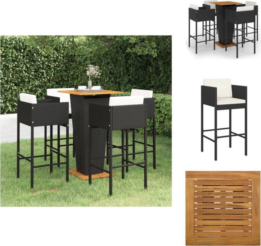 VidaXL Tuinbarset Zwart PE-rattan staal en massief acaciahout 60 x 60 x 110 cm Inclusief tafel 4 barkrukken en kussens Tuinset