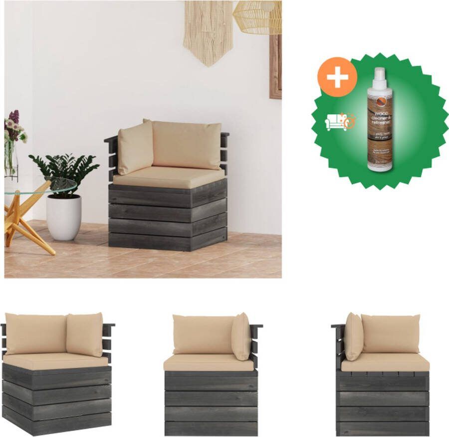 VidaXL Hoekbank Pallet Grenenhout 65x65x71.5 cm Beige kussen Tuinbank Inclusief Houtreiniger en verfrisser