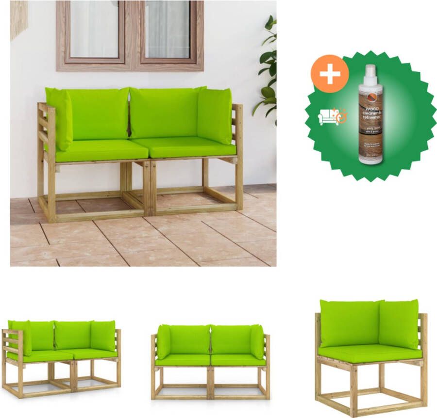 VidaXL Tuinhoekbanken 2 st met kussens groen geïmpregneerd grenenhout Tuinset Inclusief Houtreiniger en verfrisser