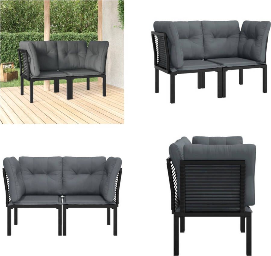 VidaXL Tuinhoekstoelen 2 st met kussens poly rattan zwart en grijs Hoekstoel Hoekstoelen Stoel Enkele Stoel