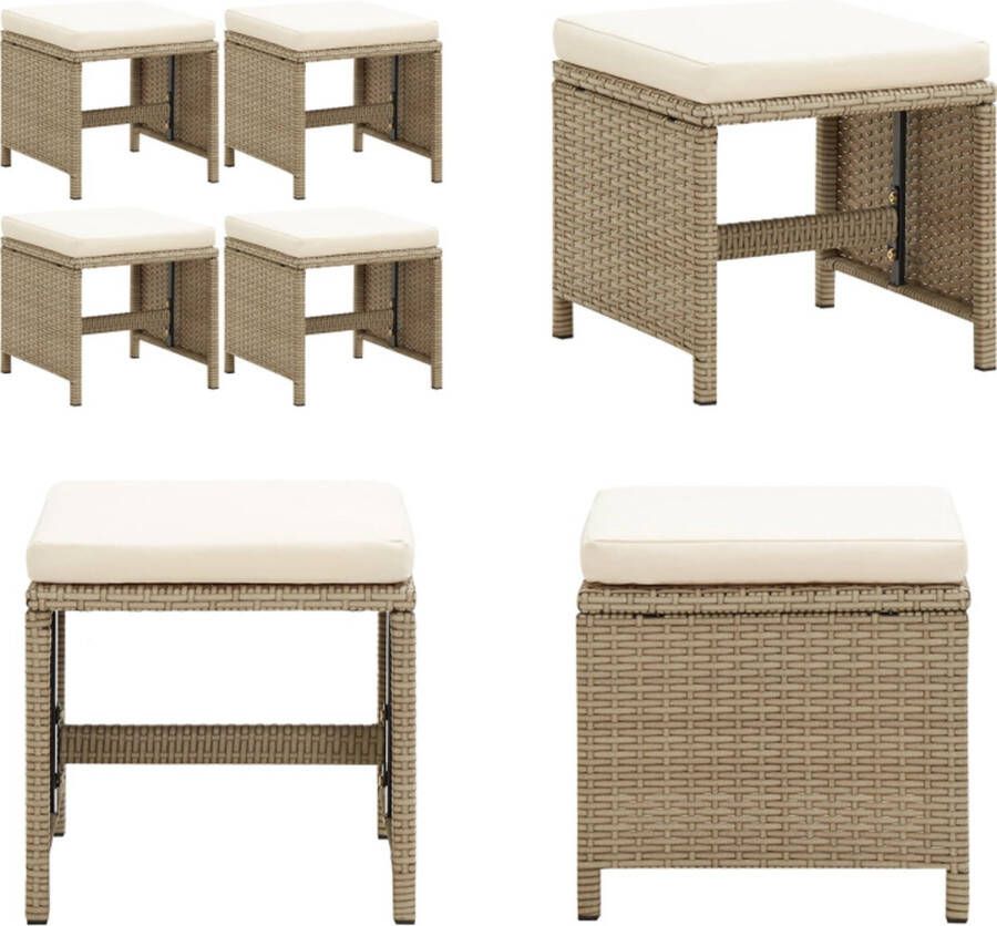 VidaXL Tuinkrukken 4 st met kussens poly rattan beige Tuinkruk Tuinkrukken Voetenbank Voetenbanken