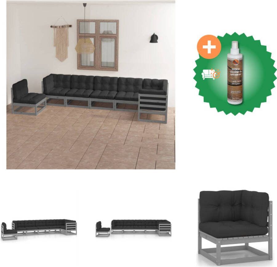 VidaXL Tuinset Grenenhout Grijs 4x Middenbank 3x Hoekbank 7x Zitkussen 10x Rug Zijkussen Tuinset Inclusief Houtreiniger en verfrisser