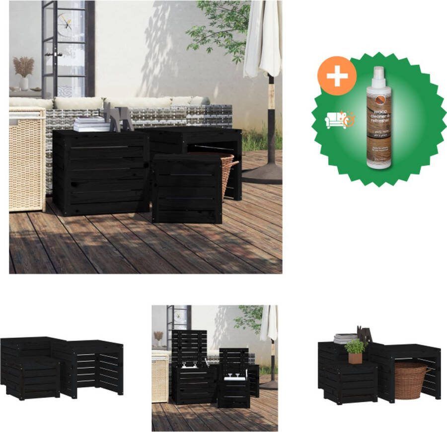 VidaXL Tuinopbergset Massief grenenhout Tuinbox (s)- 38 x 38 x 34 cm Tuinbox (l)- 50.5 x 50.5 x 46.5 cm Tuintafel Zwart Inclusief handleiding Opberger Inclusief Houtreiniger en verfrisser