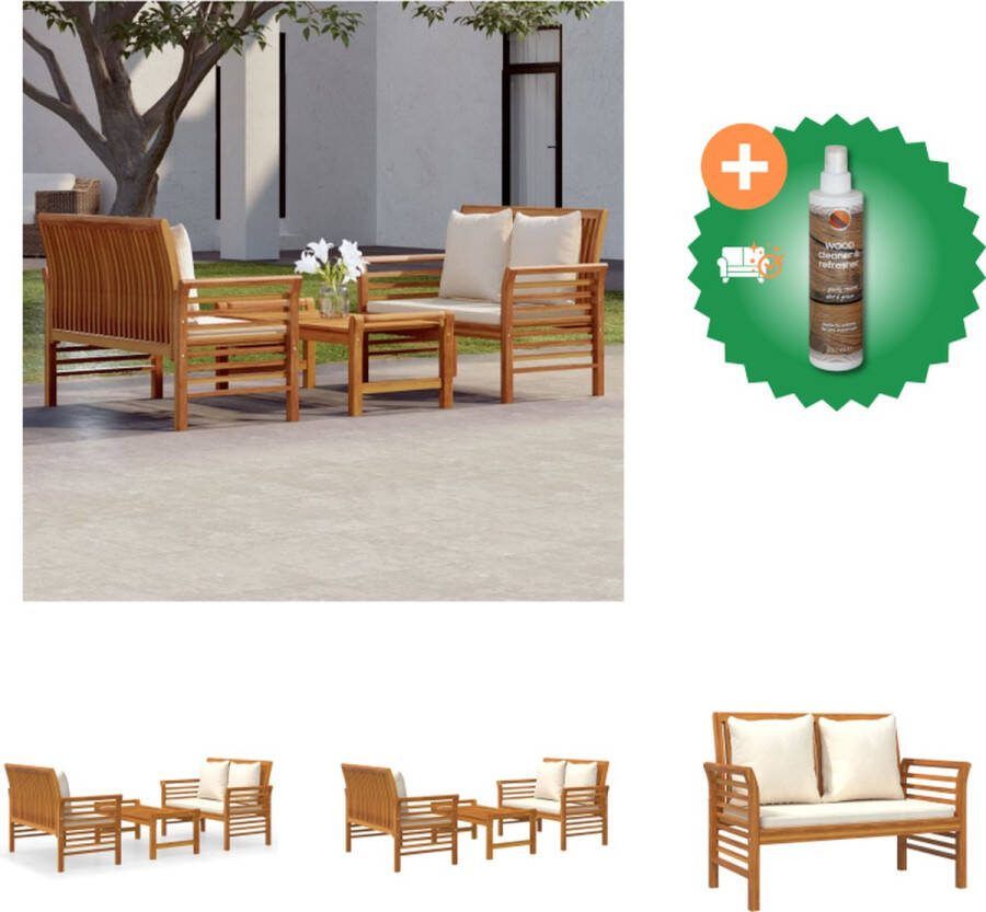 VidaXL Tuinset Acaciahout 2x tweezitsbank + tafel + 6x kussen Crèmewit Tuinset Inclusief Houtreiniger en verfrisser