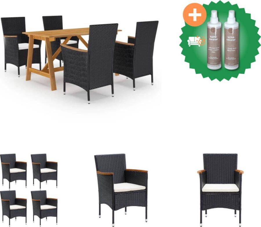 VidaXL Tuinset Acaciahout Eettafel 140x70x73.5cm Stoel 52x57x84cm PE-rattan Staal Zwart Crèmewit Kussen Montage vereist 1 tafel 4 stoelen 4 zitkussens Tuinset Inclusief Onderhoudsset