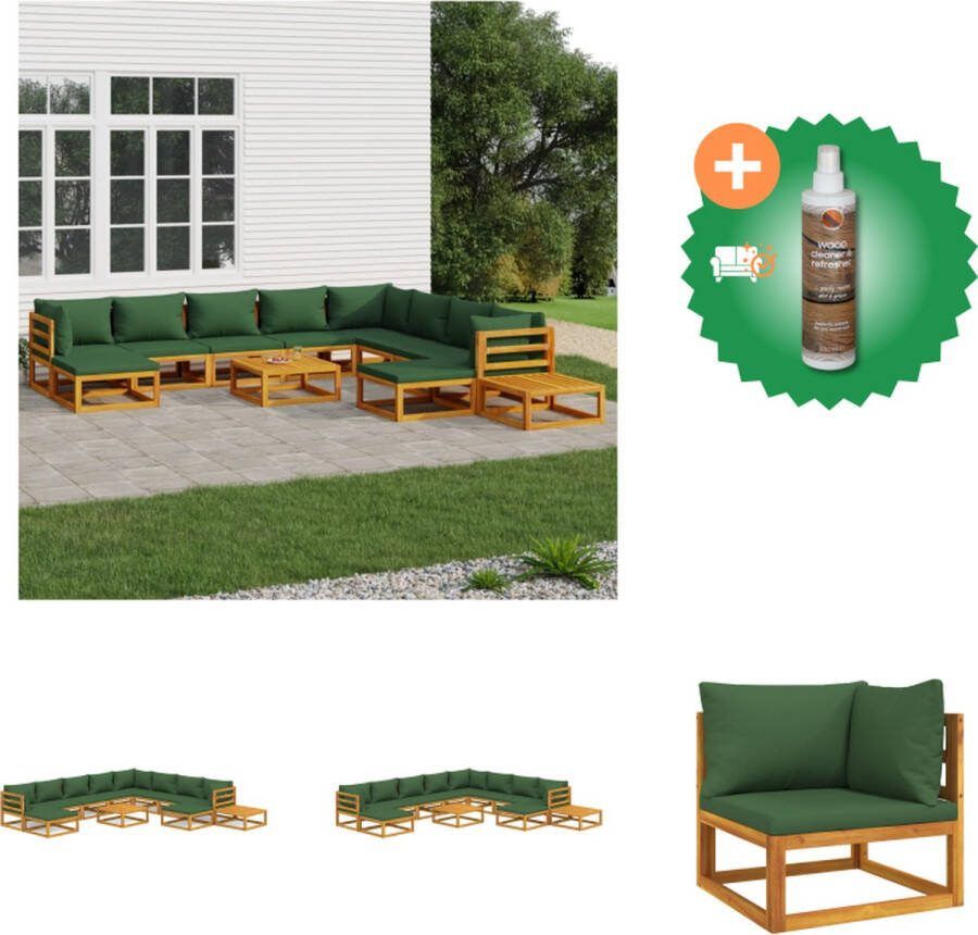 VidaXL Tuinset Acaciahout Hoekbank Middenbank Voetenbank Salontafel Groen Kussen 10 zitkussen 8 rugkussen (groot) 3 rugkussen (klein) Tuinset Inclusief Houtreiniger en verfrisser