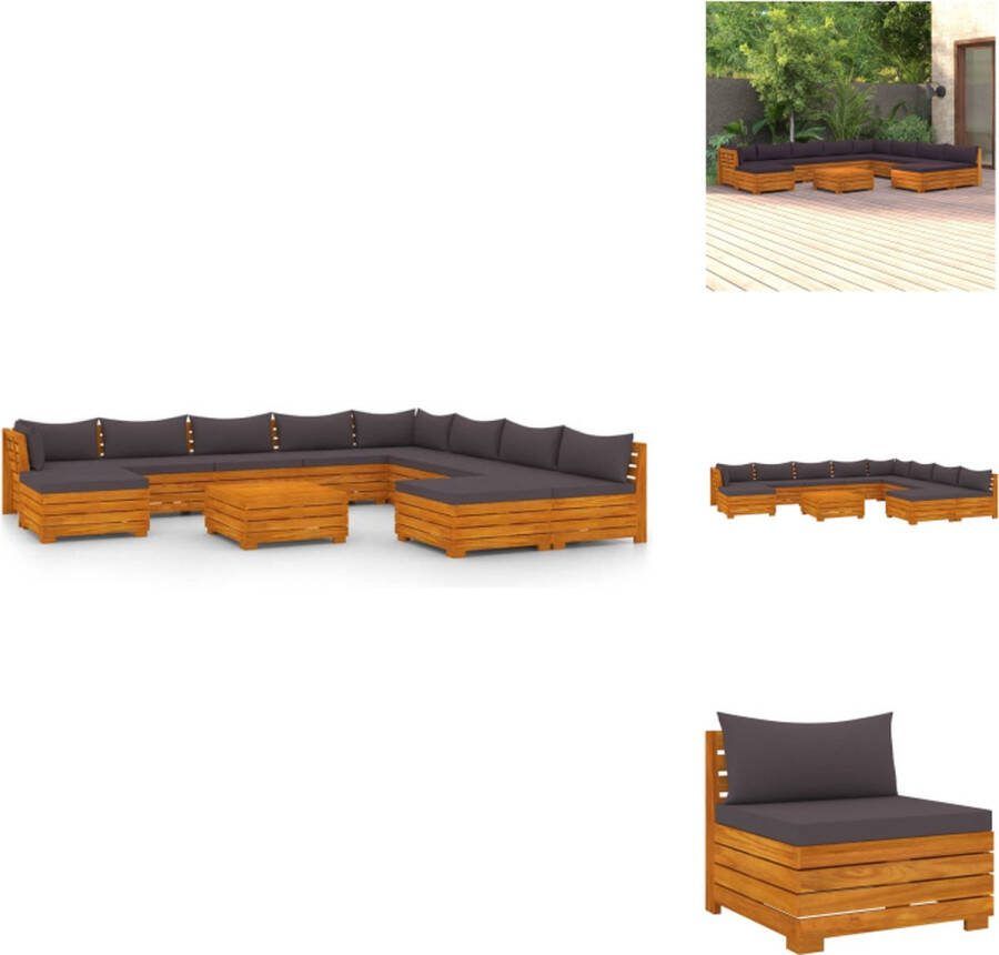 VidaXL Tuinset Acaciahout Hoekbank Middenbank Voetenbank Tafel Donkergrijs kussen 68x68x60cm 10x zitkussen 11x rugkussen Tuinset